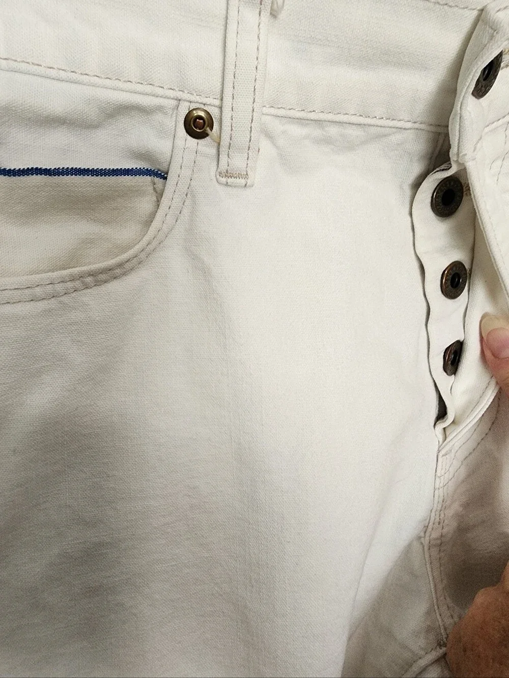 J.Crew 5 Pocket White Cotton Jeans Navy Contrast Stitch Button Front Fly 32 x 30